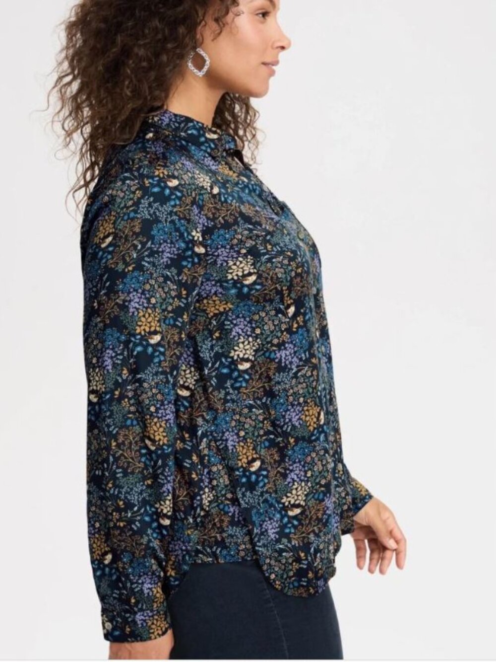 J.Jill Soft-Luxe Blue Floral & Bird Print Button Down Blouse | L